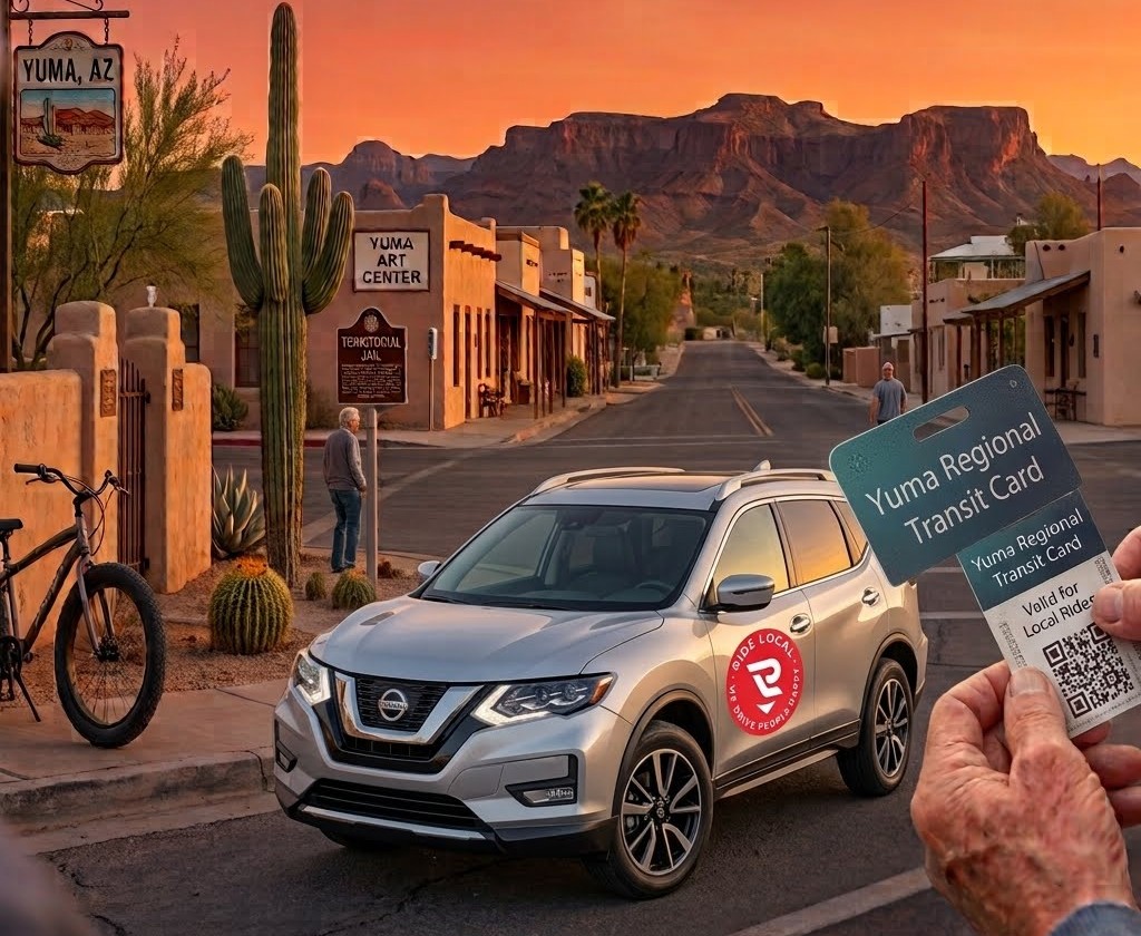 Yuma Regional Transit Card held beside a Ride Local Ride vehicle in downtown Yuma, Arizona