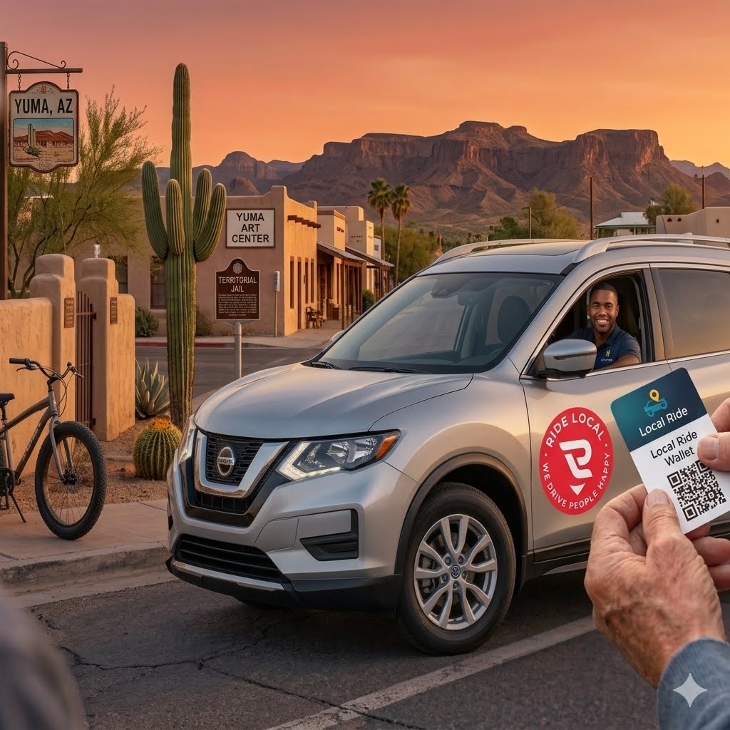 Yuma rider holding a prepaid Ride Local Wallet card beside a local taxi at sunset