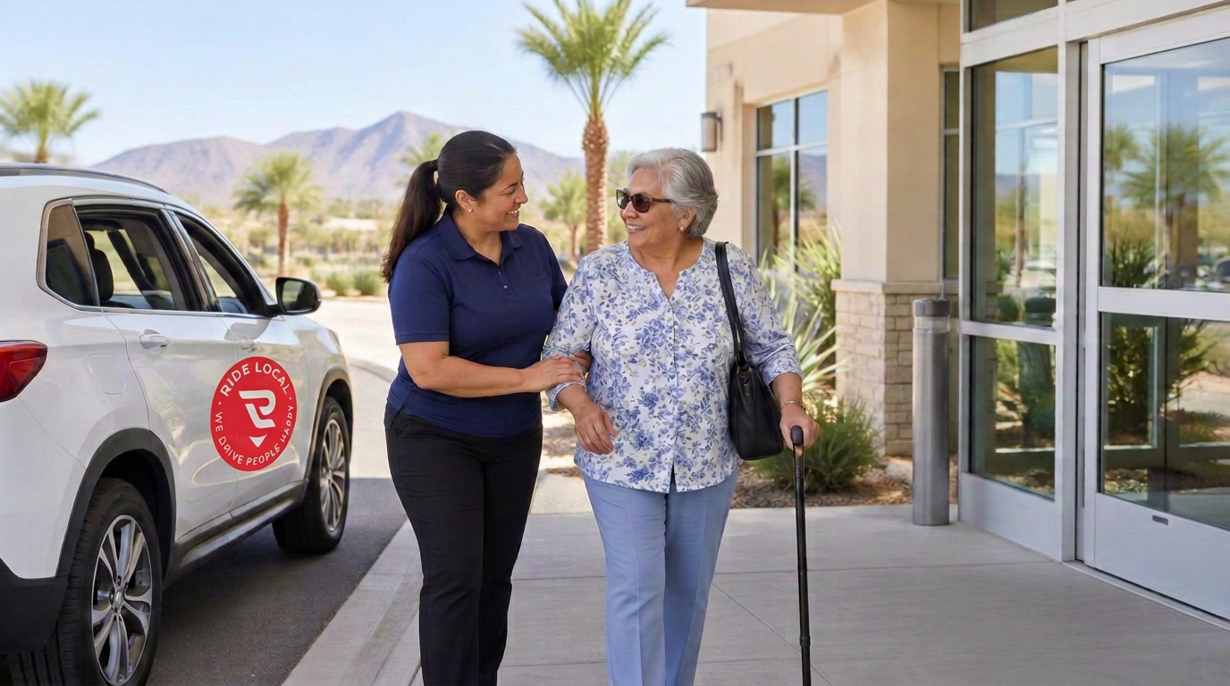 Driver assisting an older passenger arriving for medical care in Yuma