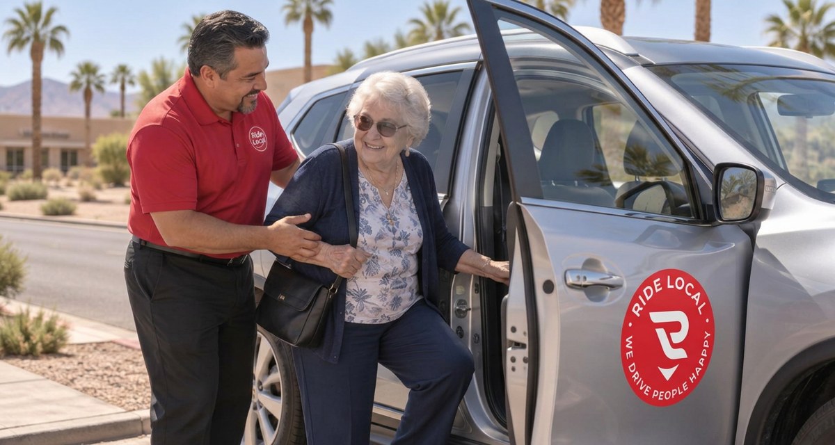Ride Local driver in a red shirt helping an older senior into a silver Ride Local SUV