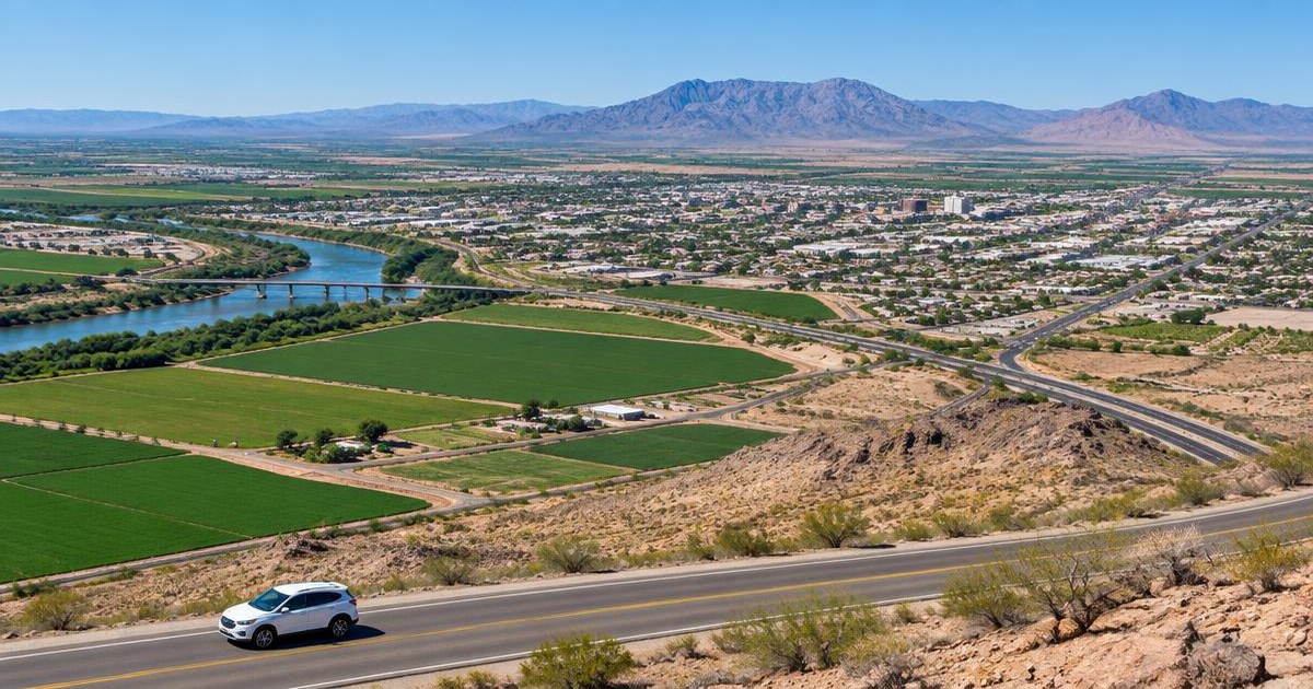 Yuma County communities, farmland, desert roads, and a local ride vehicle